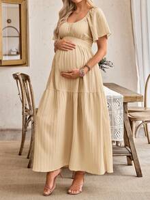 SHEIN Maternity A-Line Dress With Ruffle Sleeves, Bow Back Design - Apricot - View 5