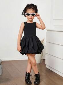 SHEIN Vestido de punto ajustado de cuello redondo y espalda descubierta para niñas - Negro - Ver 4