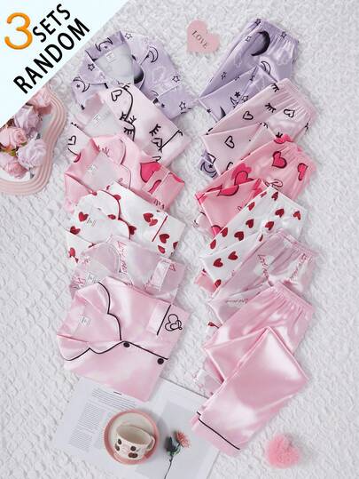 SHEIN Valentine's Day Valentine's Clothes Valentine's Decorations 2pcs/Set Girls' Red & White Heart Print Casual Comfortable Homewear Set (Random Delivery 2 Tops + 2 Pants)