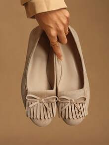 Rosivie 女士休闲流苏蝴蝶结装饰套脚乐福鞋 - 杏色 - 查看 2