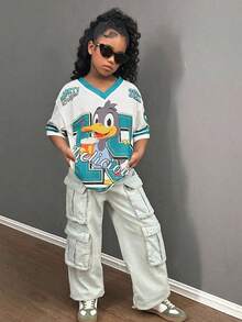 SHEIN 少女可爱图案印花宽松T恤，休闲百搭，适合日常穿着 - 白色 - 查看 3