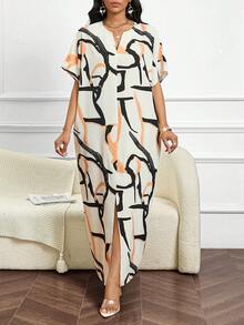 SHEIN Lady Petite Summer Fashion Commuter Full Print Batwing Sleeve Dress - Multicolor - View 6