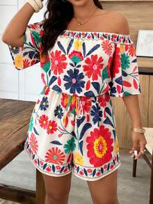 Weeklong Plus Size Women's Off-Shoulder Ruffle Sleeve Printed Romper, Vacation Style, Spring/Summer - Multicolor - View 5