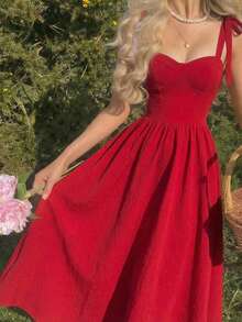 SHEIN MOD Đầm midi dáng xòe, dây đeo màu đỏ thắt nơ, phần ngực xếp ly. - Đỏ - Xem 5
