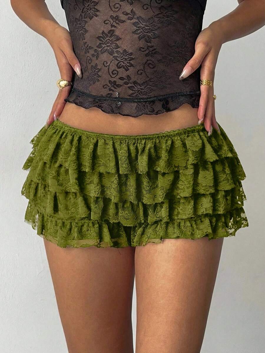 Aloruh Quần short nữ gợi cảm phong cách Punk Rock Bohemian Y2K ren đen xếp nếp, quần short cạp siêu thấp ren mới. - xanh quân đội - Xem 1