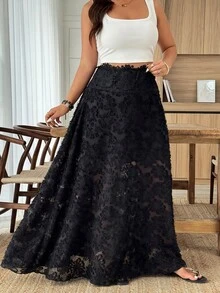 Weeklong Plus Size Women Lace High Waist Casual Versatile Daily Wear Skirt - Black - View 3