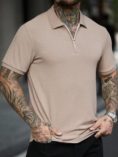 Manfinity CasualCool Men's Short Sleeve Textured Fabric Polo Shirt With Collar And Zipper, Suitable For Outings And Office Wear