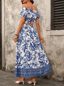 Ellevyn 女士优雅露肩印花上衣和女士蓝白印花半裙，两件套度假套装，夏季女装，节日女装，沙滩女装，乡村女装，夏季套装，印花两件套，长裙露脐上衣套装，露肩上衣和半裙套装，露脐上衣和半裙两件套，夏季套装，女士度假套装，女士休闲连衣裙，母亲节礼物，送给妈妈的礼物，A字裙，节日女装，海滩约会之夜，夏季连衣裙，度假套装，女士度假装，圣托里尼女装，波西米亚风女装，地中海度假套装 - 藍白色 - 查看 10