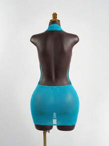Lyxana Damen einfarbiges Minikleid mit Metalldekor, Neckholder, rückenfreiem Design und Raffungen, geeignet für Dates und Ausgänge - Taubenblau - Übersicht 2
