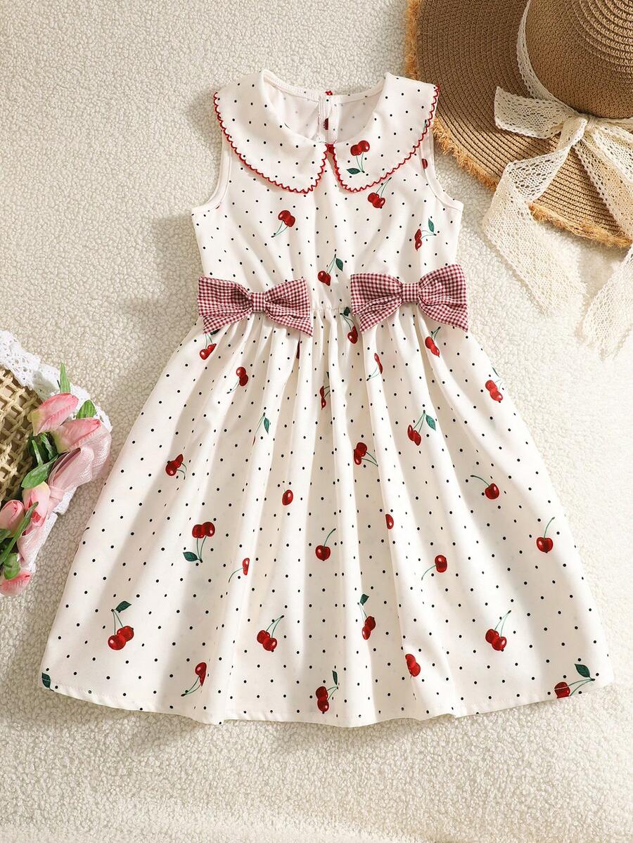 Đầm bé gái in hình quả anh đào, cổ polo, họa tiết kẻ caro tương phản, dáng chữ A thắt eo, điểm nhấn nơ, thích hợp cho kỳ nghỉ thường ngày. - Nhiều màu - Xem 1