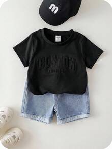 SHEIN 男婴夏季休闲字母印花T恤和浅蓝色短裤两件套 - 黑色 - 查看 3