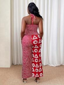 Xyvia 2pcs Women's Digital Print Camisole Top With Ruched Design And Wide Leg Pants Set, Elegant And Chic, Suitable For Birthday, Date, Party, Vacation, Valentine's Day, Labor Day, Easter, Travel, Spring/Summer - Red and White - View 2