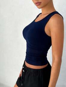DAZY Atasan Wanita Polos Leher Bulat Pas Badan Kasual Sehari-hari Atasan Pendek Wanita - Navy Blue - View 4