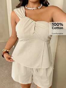 Auralis Conjunto de 2 piezas de lino y algodón beige para mujer, estilo casual elegante de verano para vacaciones y días festivos, top con nudo retorcido, tirantes anchos y bajo asimétrico & shorts con cordón - Albaricoque - Ver 3