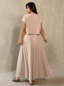 Auralis Conjunto informal de 2 piezas de blusa de manga corta de hombros caídos con tejido elástico acanalado y falda holgada de línea A/Talla grande - Caqui - Ver 3
