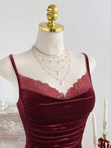 Elamini Summer Casual Vacation Lace Fitted Ruched Spaghetti Strap Sexy Burgundy Women Dress - Burgundy - View 3