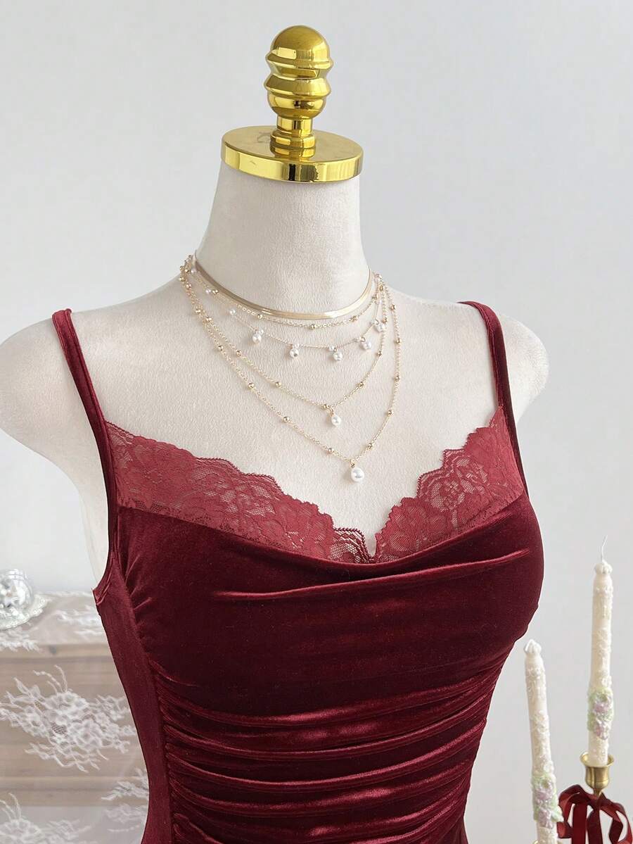 Elamini 夏季休闲度假蕾丝修身褶皱吊带性感酒红色女式连衣裙 - 酒紅色 - 查看 1