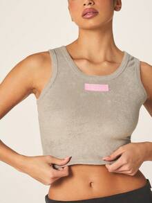 Missguided x Playboy Racerback Tank Top With Pink Logo Detail Sleeveless Ribbed Cropped Summer Athletic Training Casual Comfortable Fitted Sports Bra Style - Grey - View 1