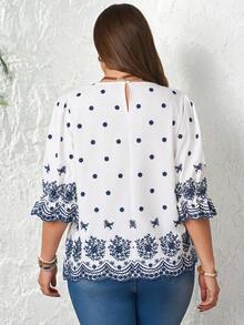 EMERY ROSE Plus Size Women's Elegant Embroidered Ruffle Sleeve Round Neck White Blouse,Casual Summer Autumn Tops For Bachelorette Party And Tea Party - White - View 2
