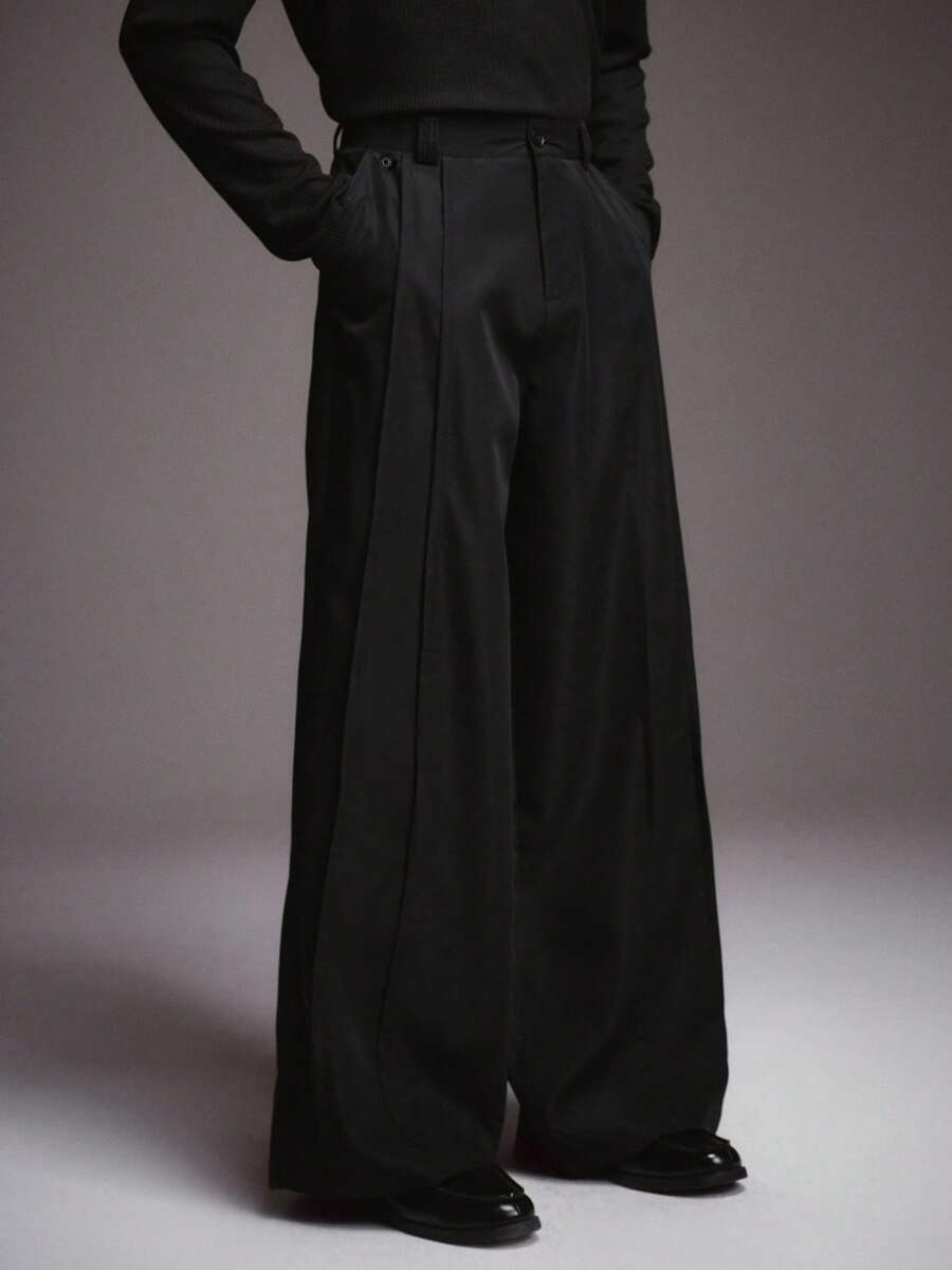 STYNVO Plus Size Men's Solid Color Pleated Casual Versatile Wide Leg Pants For Daily Wear - Black - View 1