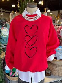 INAWLY 爱心印花圆领长袖T恤，艺术爱心图案休闲T恤，适合女士度假、春季穿着，春夏Y2K风格女式上衣，可爱针织衫，Y2K风格 - 紅色 - 查看 1
