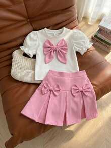 SHEIN Playful Pals 女婴针织泡泡袖蝴蝶结T恤上衣和裙子套装，粉色蝴蝶结设计，甜美女孩户外装，夏季 - 白色 - 查看 4