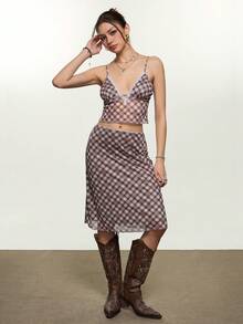 Rina Fox 女士格子蕾丝吊带背心和系带半身裙套装，复古乡村风格 - 彩色 - 查看 5