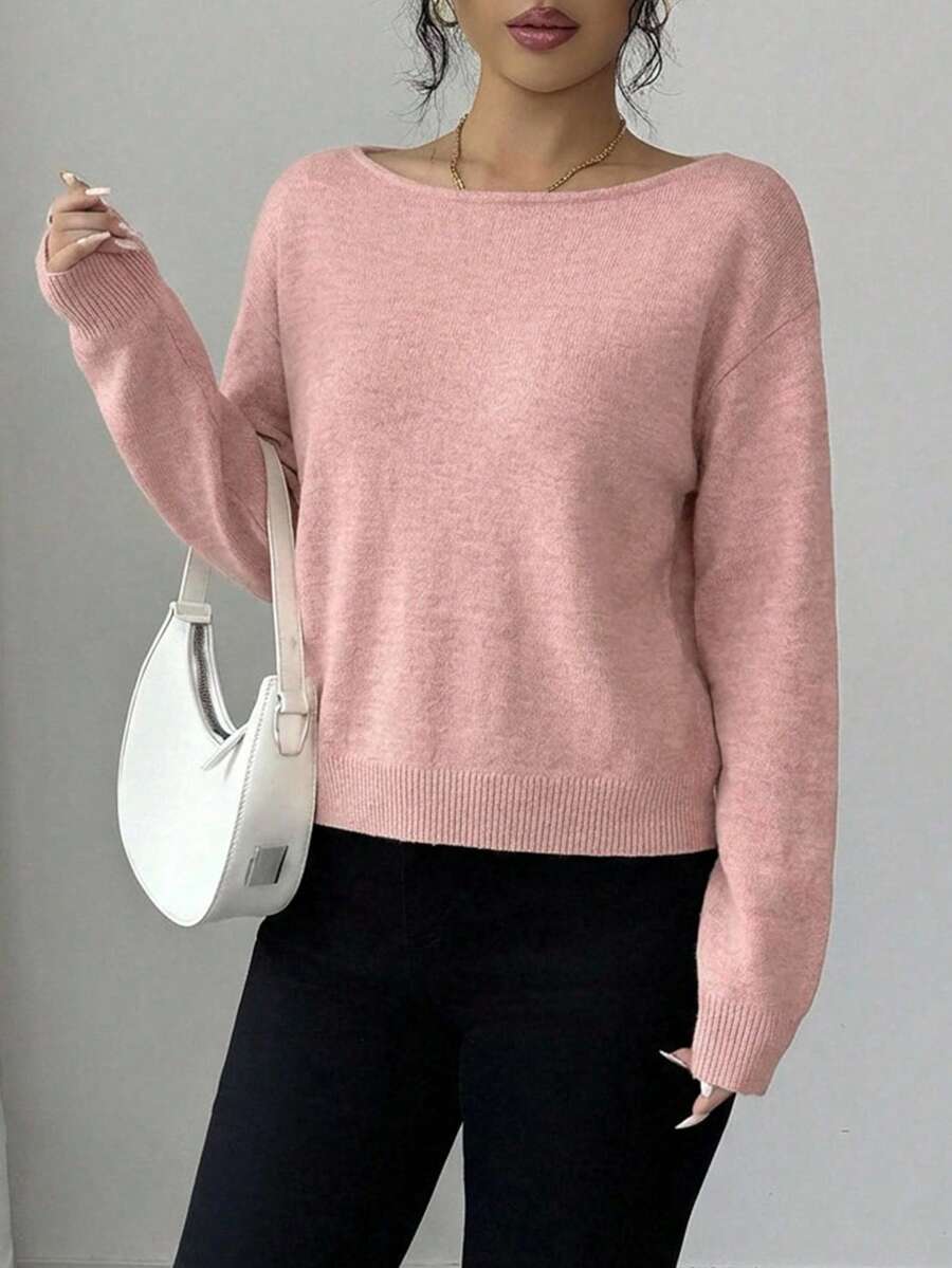 SHEIN Cottnline 女士休闲纯色船领落肩毛衣,秋冬季 - 藕粉色 - 查看 1