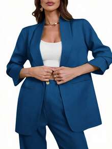 Aveloria Modichic 休闲纯色翻领西装外套，春秋季款 - 藍色 - 查看 3