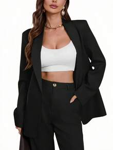 Aveloria Modichic Casual Solid Color Lapel Collar Blazer, Spring/Fall  - Black - View 5