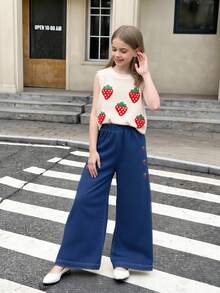 2pcs/Set Tween GirlsKnitted Strawberry Top & Embroidered Denim Pants, Suitable For Summer Wear - Beige - View 3