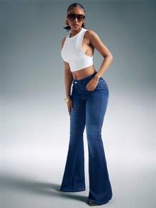 Denimoi 高弹针织牛仔喇叭裤 性感牛仔裤 修身牛仔裤 - 深色水洗藍 - 查看 2