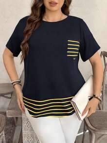 SHEIN LUNE Plus Size Striped Patchwork Contrast Color Pocket Decor Casual T-Shirt Western Wear, Summer Tops - Royal Blue - View 4