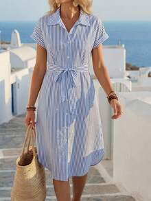 Faunlyn 女士条纹蝙蝠袖休闲中长衬衫裙 - 藍白色 - 查看 1