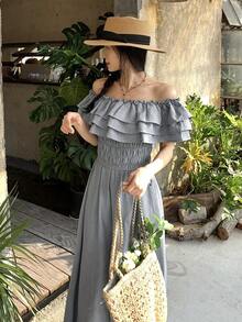 Livesso 女士时尚露肩荷叶边阔腿连体裤 - 灰色 - 查看 2