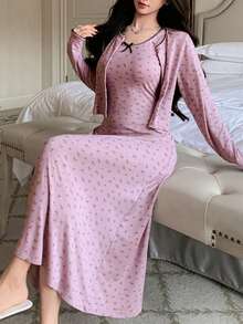 2pcs Women Ditsy Floral Camisole Dress & Long Cardigan Sleepwear Set - Mauve Purple - View 5