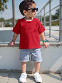 SHEIN 2pcs Baby Boy Summer Casual Letter Print T-Shirt And Light Blue   Shorts Set - Red - View 7