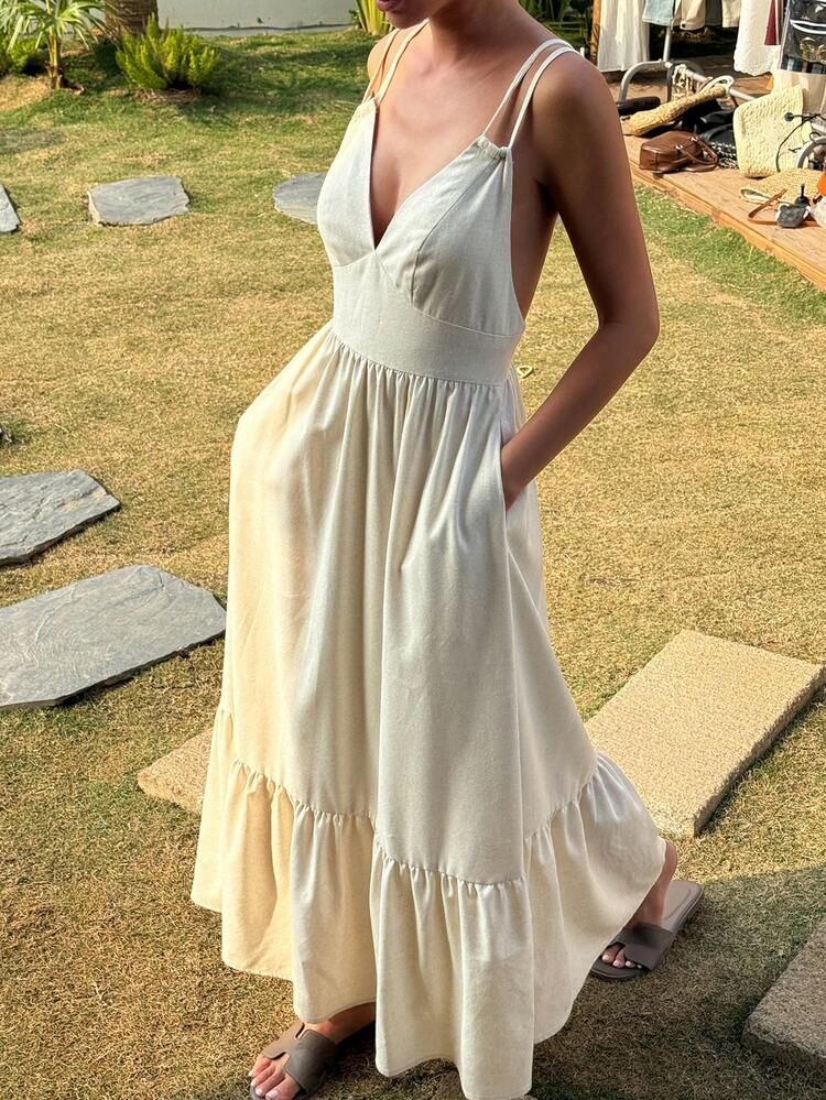 Women's Solid Color A-Line Dress, Deep V-Neck Backless Tie Strap Casual Summer Beach Long Dress Sundress