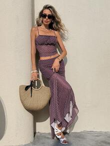 Serisse Women's Polka Dot Camisole And Fitted Skirt 2 Pieces Set, Summer - Red Violet - View 4