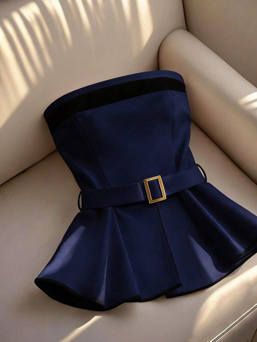 Franclia 无肩带露脐上衣，收腰设计，秋冬季迷人女士无肩带衬衫 - 藏蓝色 - 查看 1