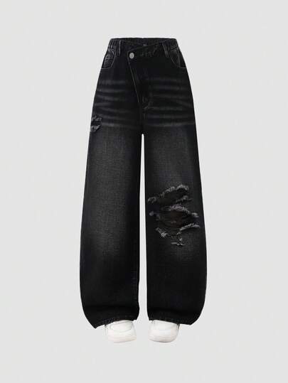 Teen Girls' Jeans, Black Denim, Y2K Style, Casual, Heart Embroidery Design, Loose & Comfortable Cotton, Suitable For Daily Wear, School, Commute, Party, Back To School Season 2026 New Arrival