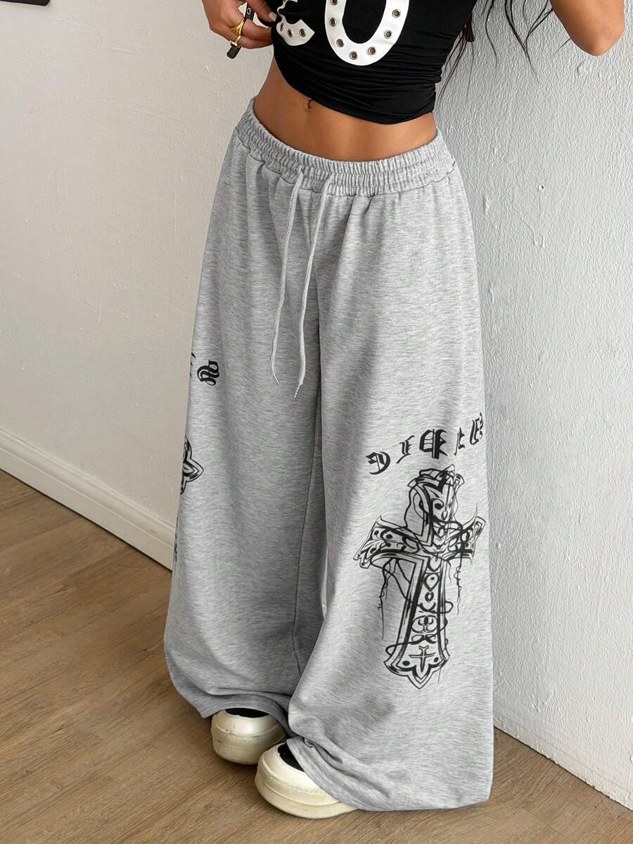 StreetHx Quần nỉ thể thao nữ phong cách punk, họa tiết chéo, cạp chun, ống rộng. - Màu Xám nhạt - Xem 1