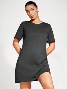 SHEIN BASICS Casual Solid Color Short Sleeve Dress, Summer Basic Tees Women, T Shirt Dress Summer Dresses - Dark Grey - View 4