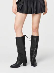 ROMWE Grunge Punk Botas altas hasta la rodilla de tacón alto, de diseño versátil y de moda con punta puntiaguda y cordones para mujer - Negro - Ver 4