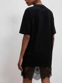 ATUI Studio Áo thun nữ kiểu dáng thường ngày, màu trơn, phối ren, thích hợp cho mùa hè. - màu đen - Xem 3