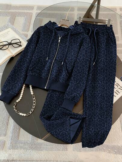 Resyla Set Hoodie Kasual Motif Digital Leopard 2 Potong, Hadiah untuk Teman