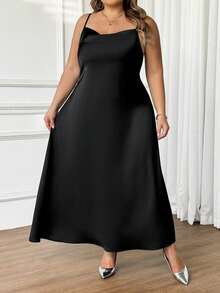 SHEIN CURVE+ Đầm slip sang trọng, màu trơn, cổ xếp ly, dành cho nữ cỡ lớn, thích hợp cho mùa Thu/Đông, Giáng sinh, Năm mới, Lễ Tạ ơn, Tiệc tùng, Đám cưới, Đi biển, Lễ tốt nghiệp, Thanh lịch, Thường ngày, Đi chơi, Hẹn hò, Hẹn hò, Đi làm. - màu đen - Xem 6