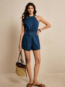 Poéselle Women's Sexy Backless Halter Denim Romper, Suitable For Beach Vacation - Dark Wash - View 3
