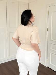 Vibekara V-Neck Casual Commuter Cinched Waist Batwing Sleeve Women T-Shirt, Spring/Summer - Beige - View 2