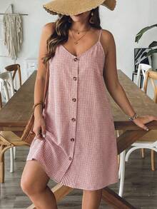 SHEIN VCAY Plus Size Women Plaid Single-Breasted Pocket Loose Strap Casual Dress - Redwood - View 6